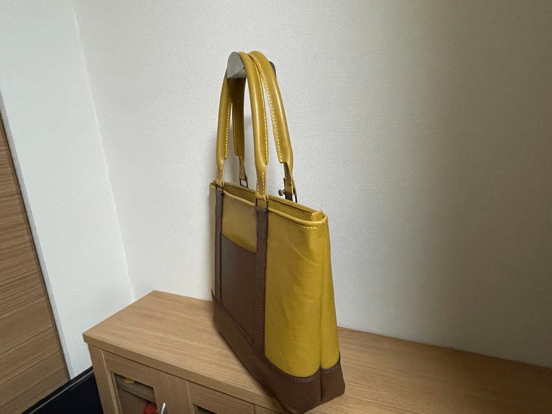 062.イエローとブラウンのトートバッグ 牛革 A4サイズ ハンドメイド