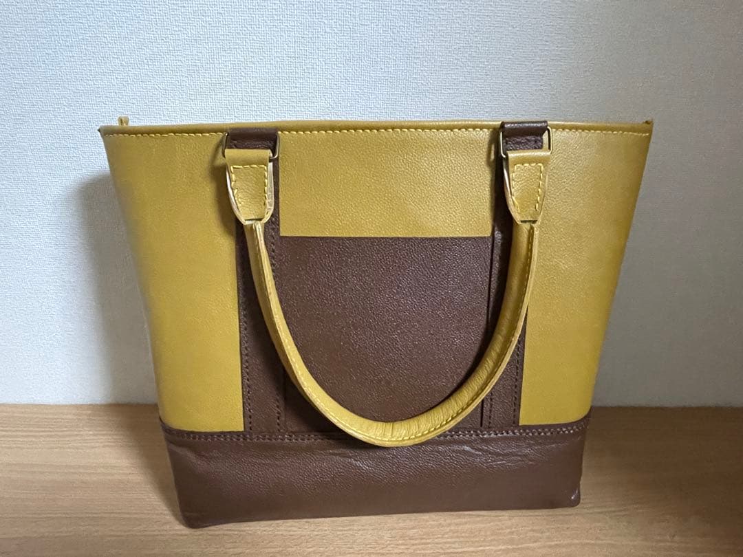 062.イエローとブラウンのトートバッグ 牛革 A4サイズ ハンドメイド