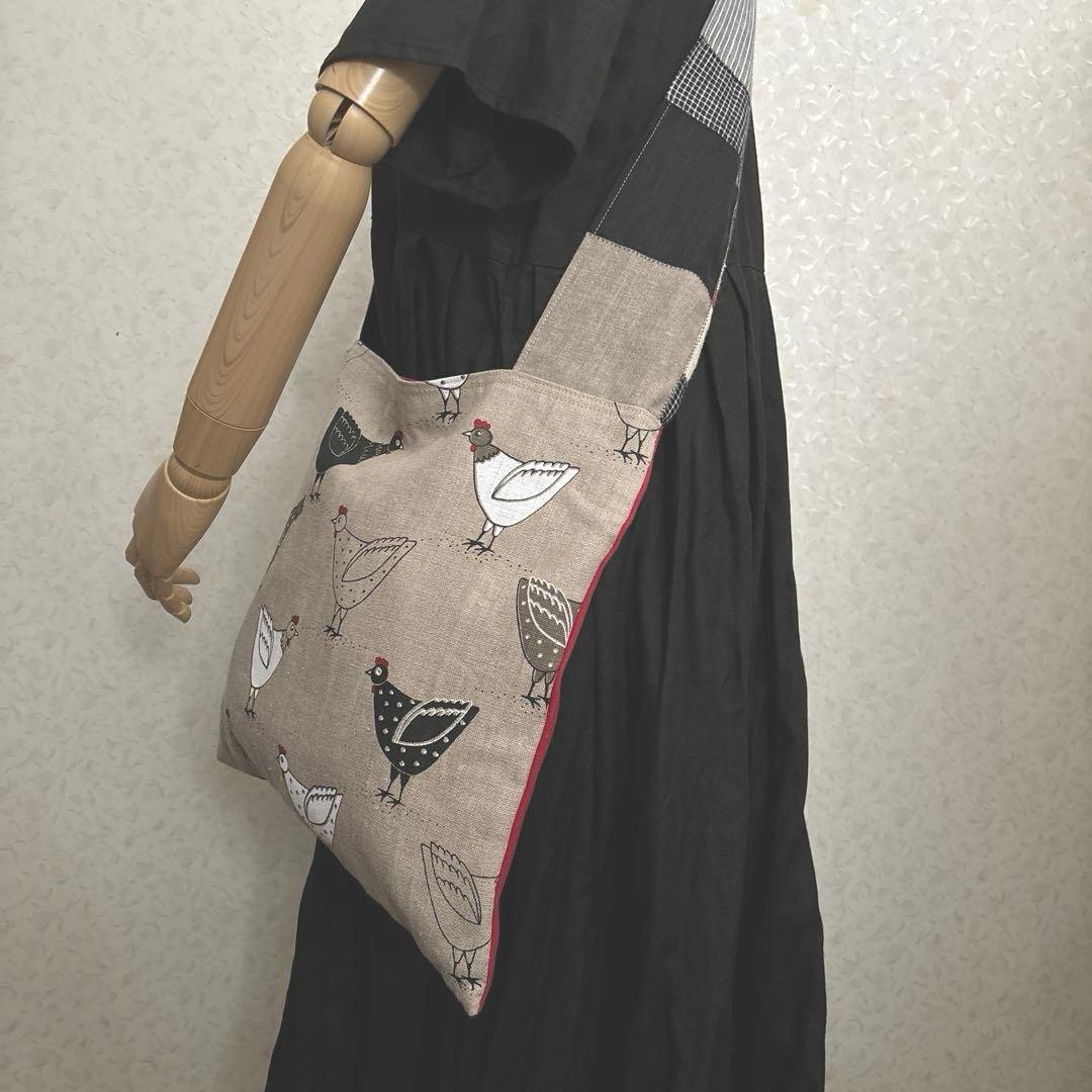 リトアニア製 ニワトリ柄 麻 リネン 帆布 斜め掛けバッグ ハンドメイド