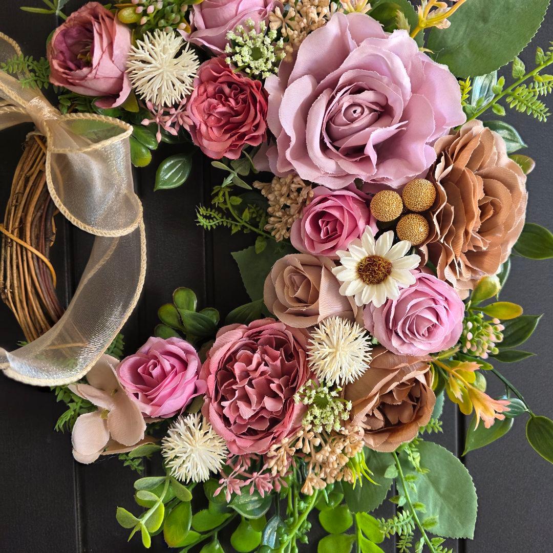 フラワーリース 晩秋9 咲き誇る花たち 玄関リース 造花 くすみカラー