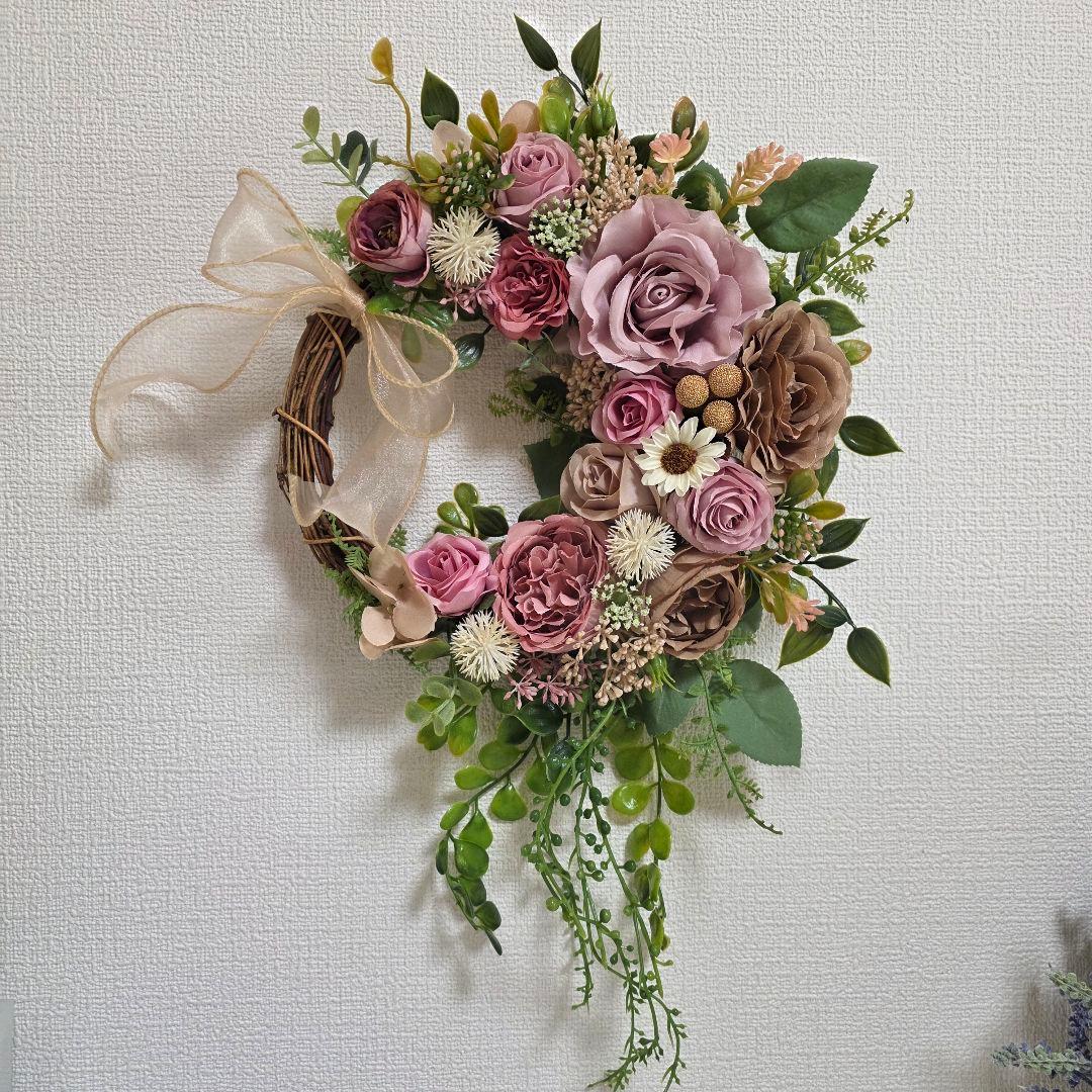 フラワーリース 晩秋9 咲き誇る花たち 玄関リース 造花 くすみカラー