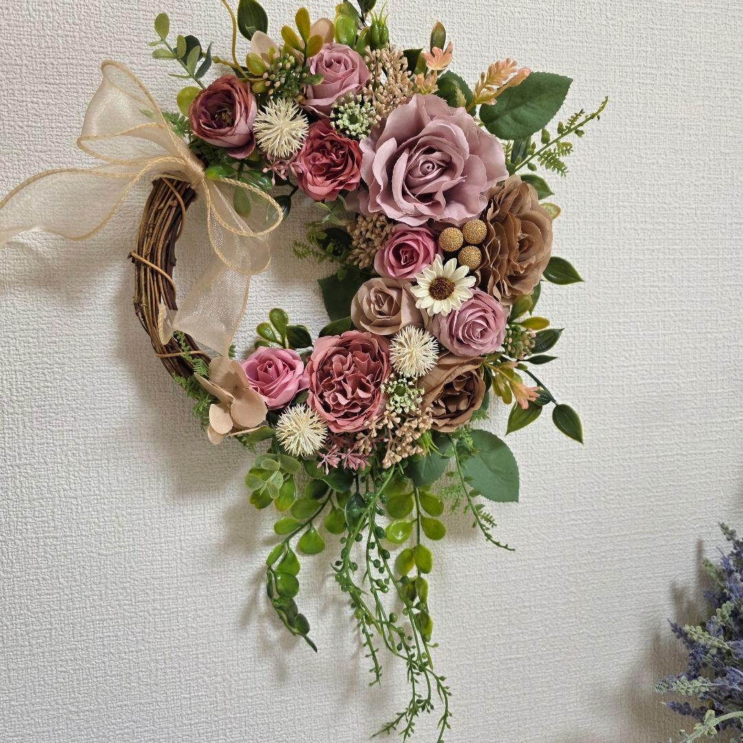フラワーリース 晩秋9 咲き誇る花たち 玄関リース 造花 くすみカラー