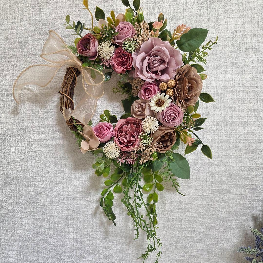 フラワーリース 晩秋9 咲き誇る花たち 玄関リース 造花 くすみカラー