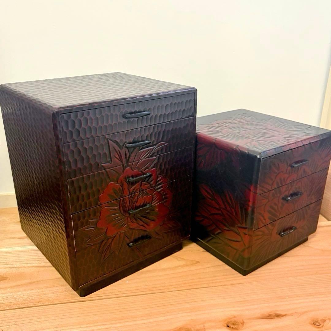 鎌倉彫 小箪笥 2点セット 牡丹文 5段/3段 伝統工芸 和家具 小引き出し