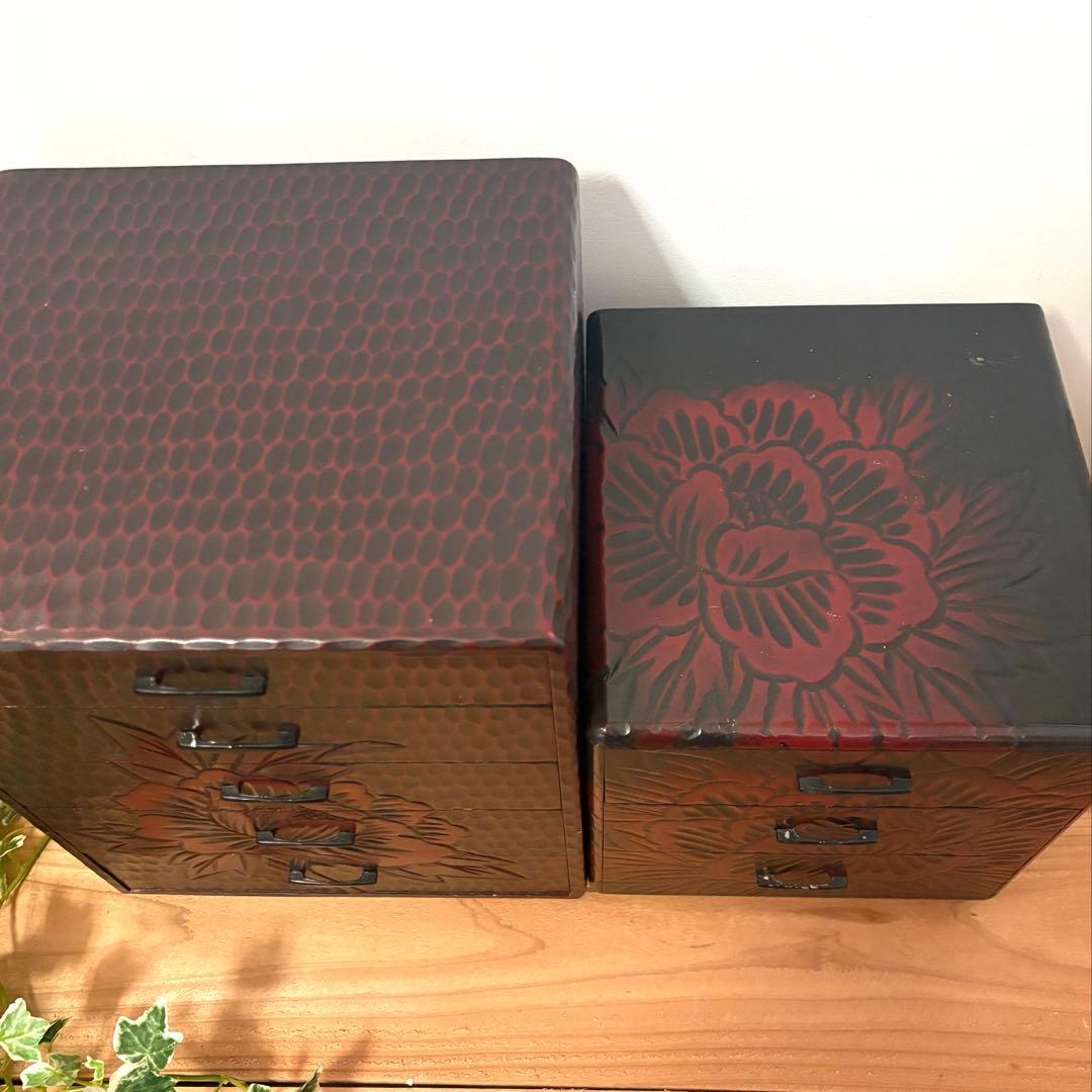 鎌倉彫 小箪笥 2点セット 牡丹文 5段/3段 伝統工芸 和家具 小引き出し