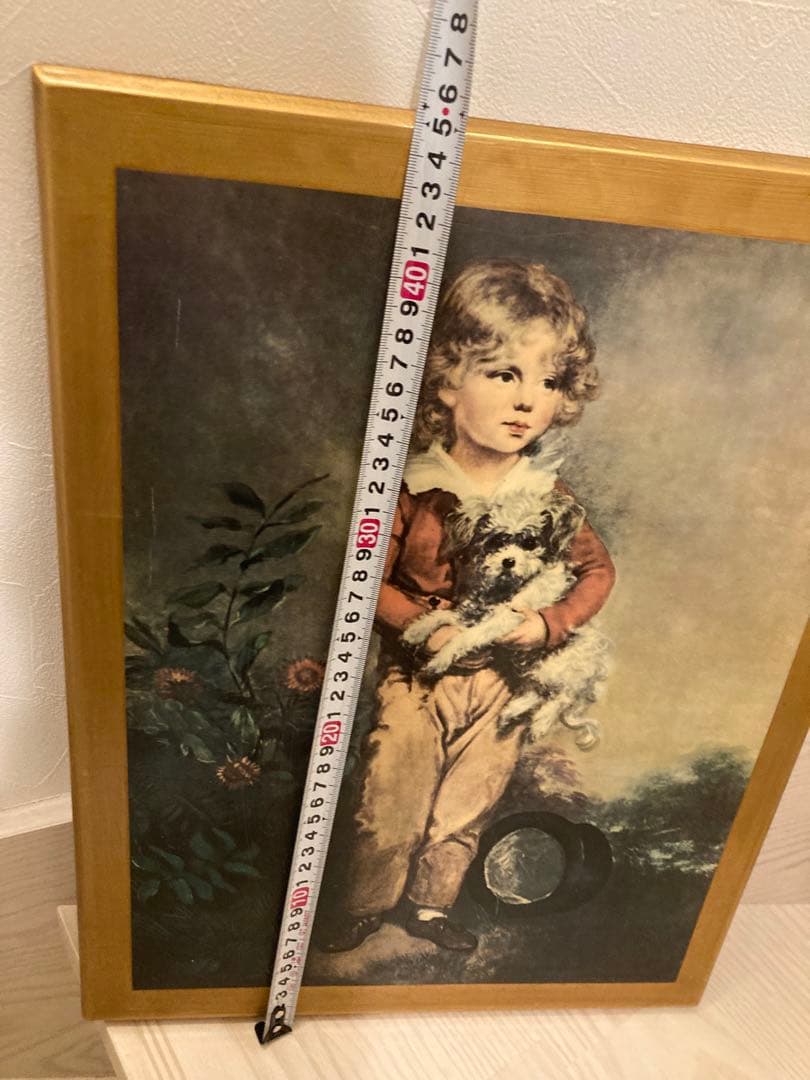 子供と犬の絵画 金色フレーム