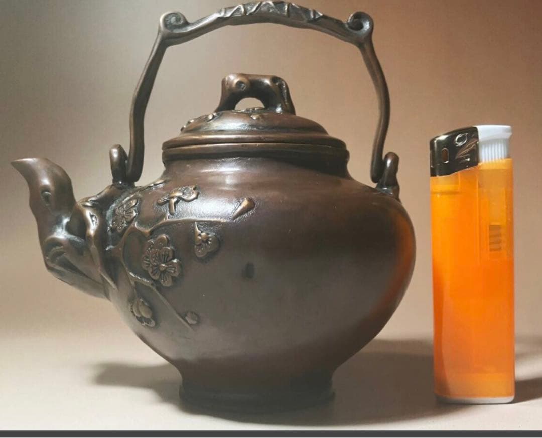 【希少品】純銅製 カエルハンドル急須 花模様