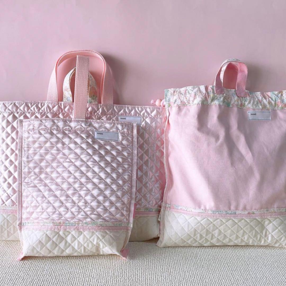 レッスンバック+上履き入れ+体操着袋35×30苺花柄フリル３点セット②−2