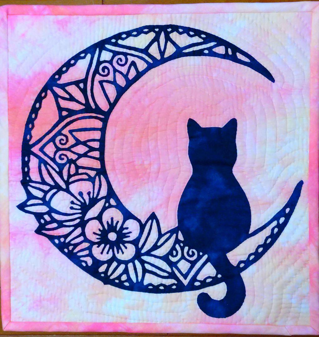 タペストリー　黒猫　ハワイアンキルト