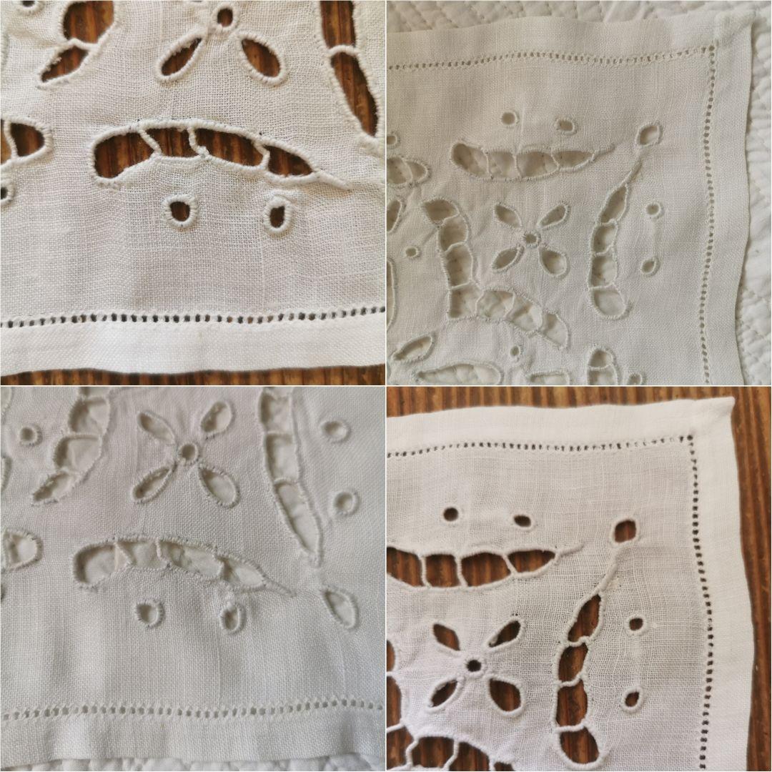 アンティーク フランス オープンカットワーク 星花アイレット刺繍 リネンクロス