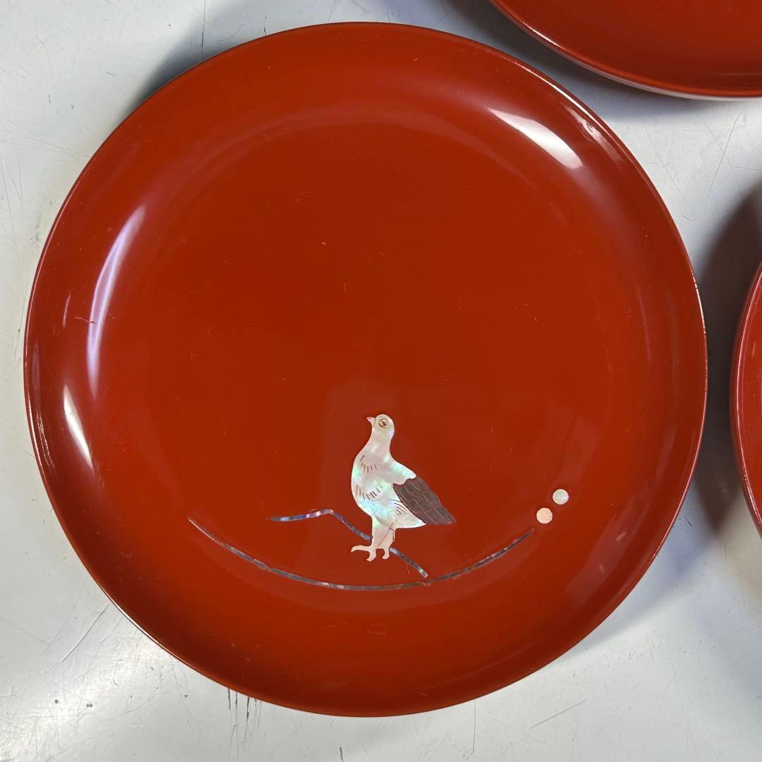 高岡漆器　朱塗　木製漆器　螺鈿　銘々皿　三枚セット　チューリップ　雷鳥