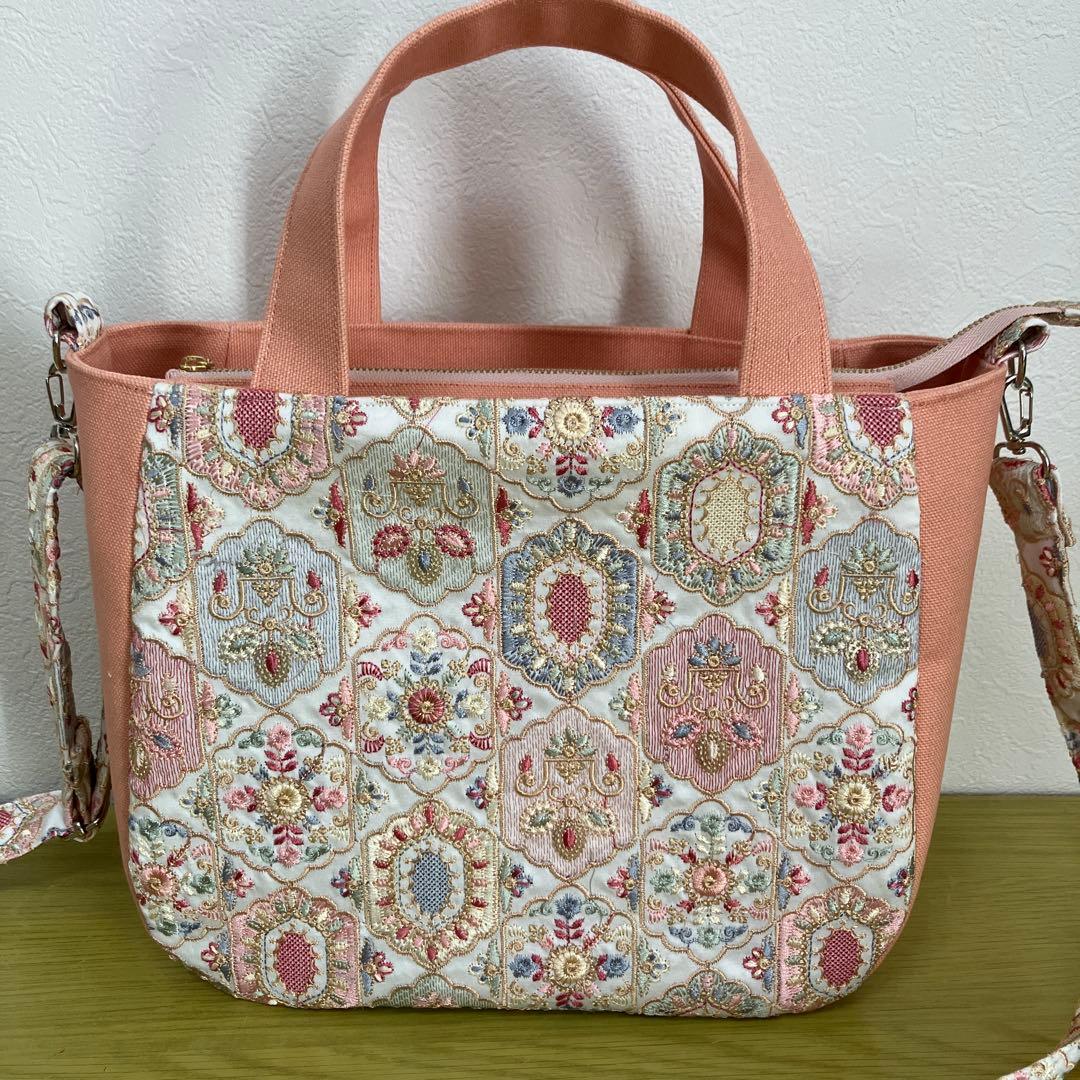 インド刺繍生地　帆布　トートバック　ファスナー　横マチ込37×縦23×マチ13㎝