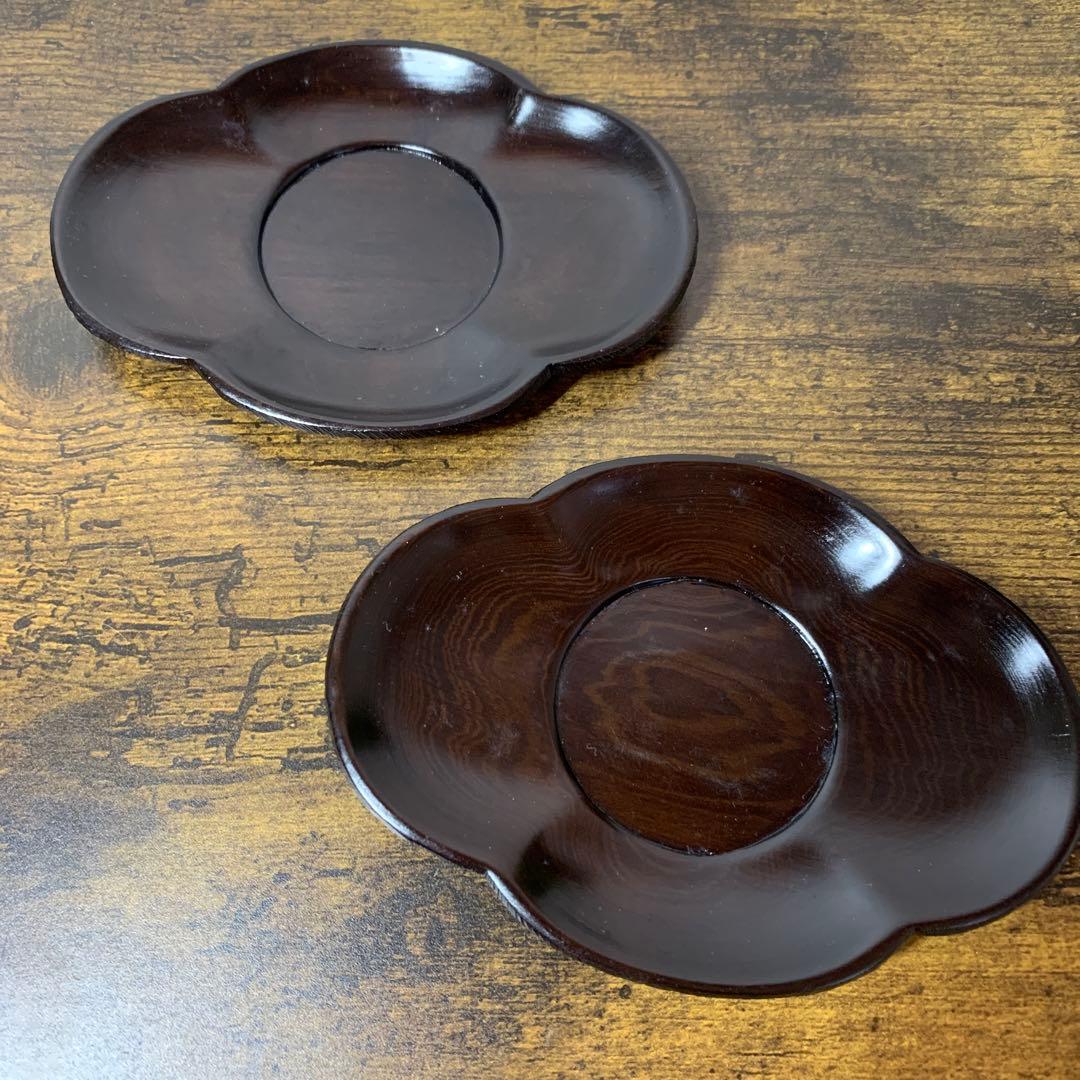 E-1 【美品】木製 茶托 5客セット 梅型 くりぬき 漆塗り 茶道具 おもてな