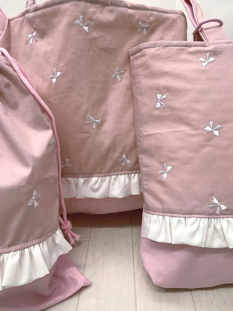 3点セット ピンク リボン 刺繍 レッスンバッグ 体操服袋 上履き袋