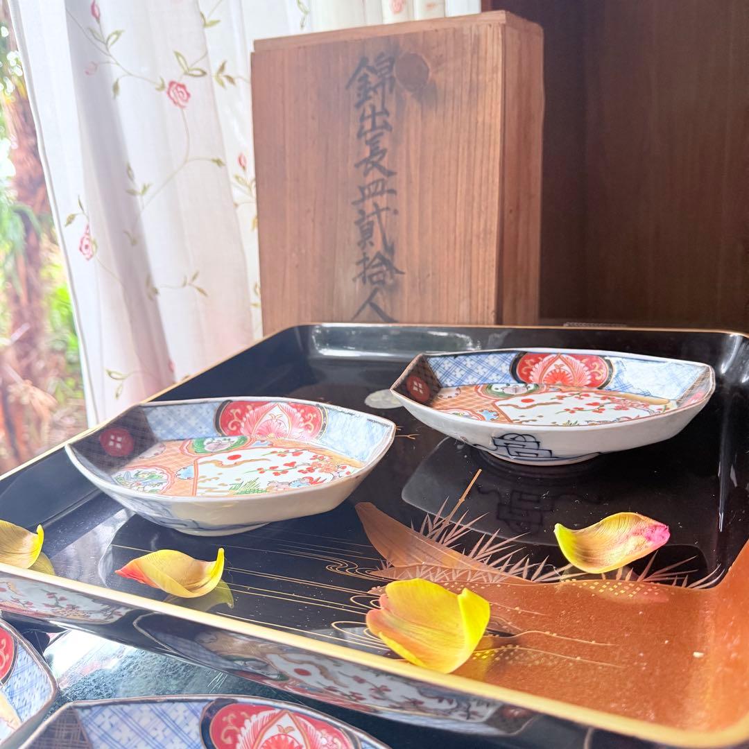 2236様感謝‼️最上手伊万里　梅おしどり&鶴亀切支丹皿　富貴繁栄の舟形刺身皿5客
