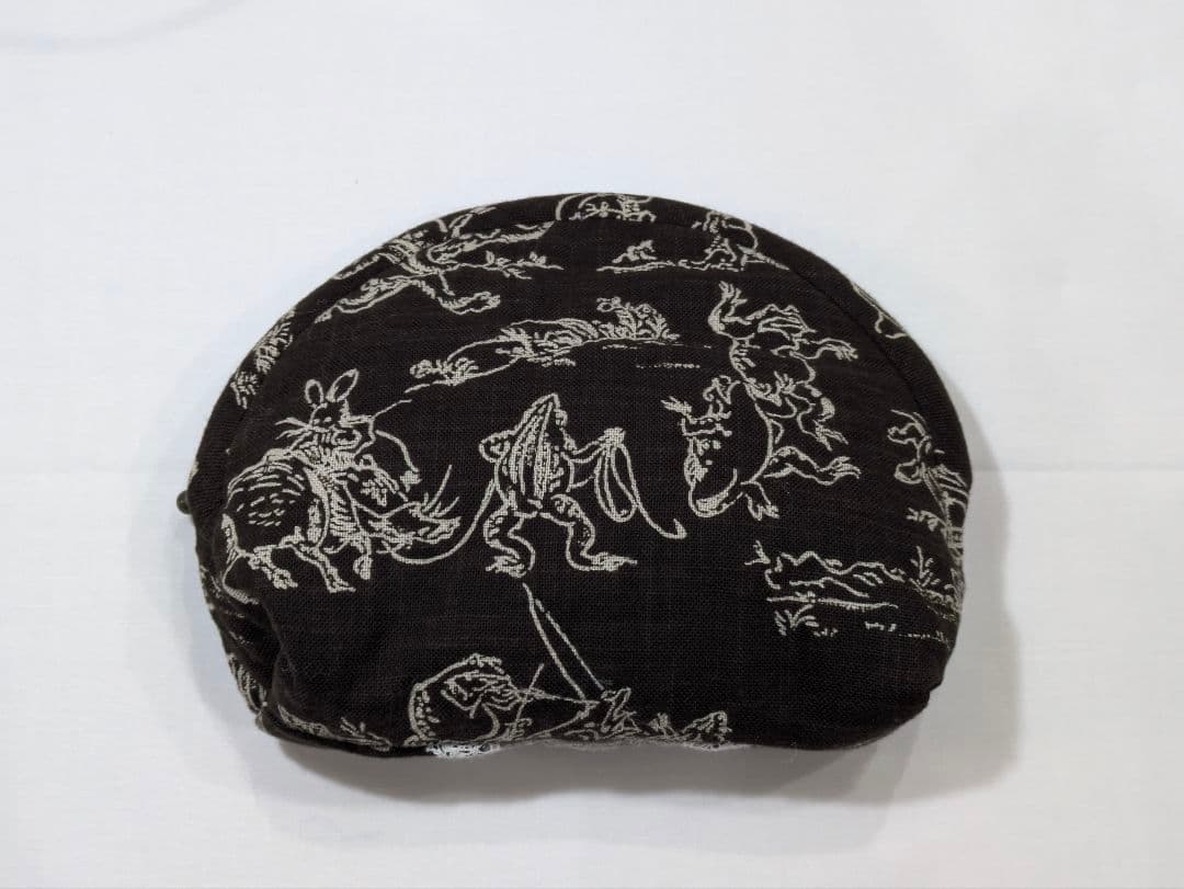 ハンドメイド 鳥獣戯画 レース付き ポーチ ダークブラウン