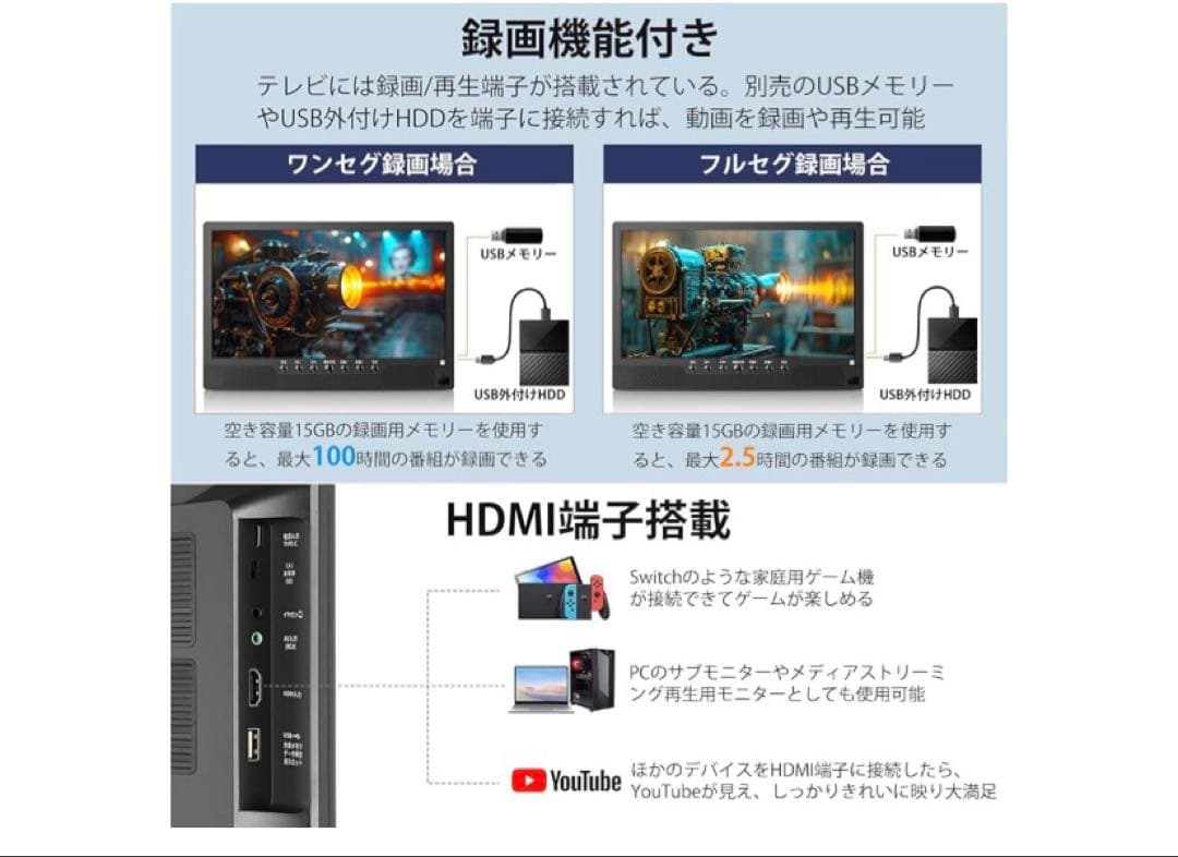 ポータブルテレビ テレビ小型 14.1インチ 高齢者向け 録画機能 簡単操作