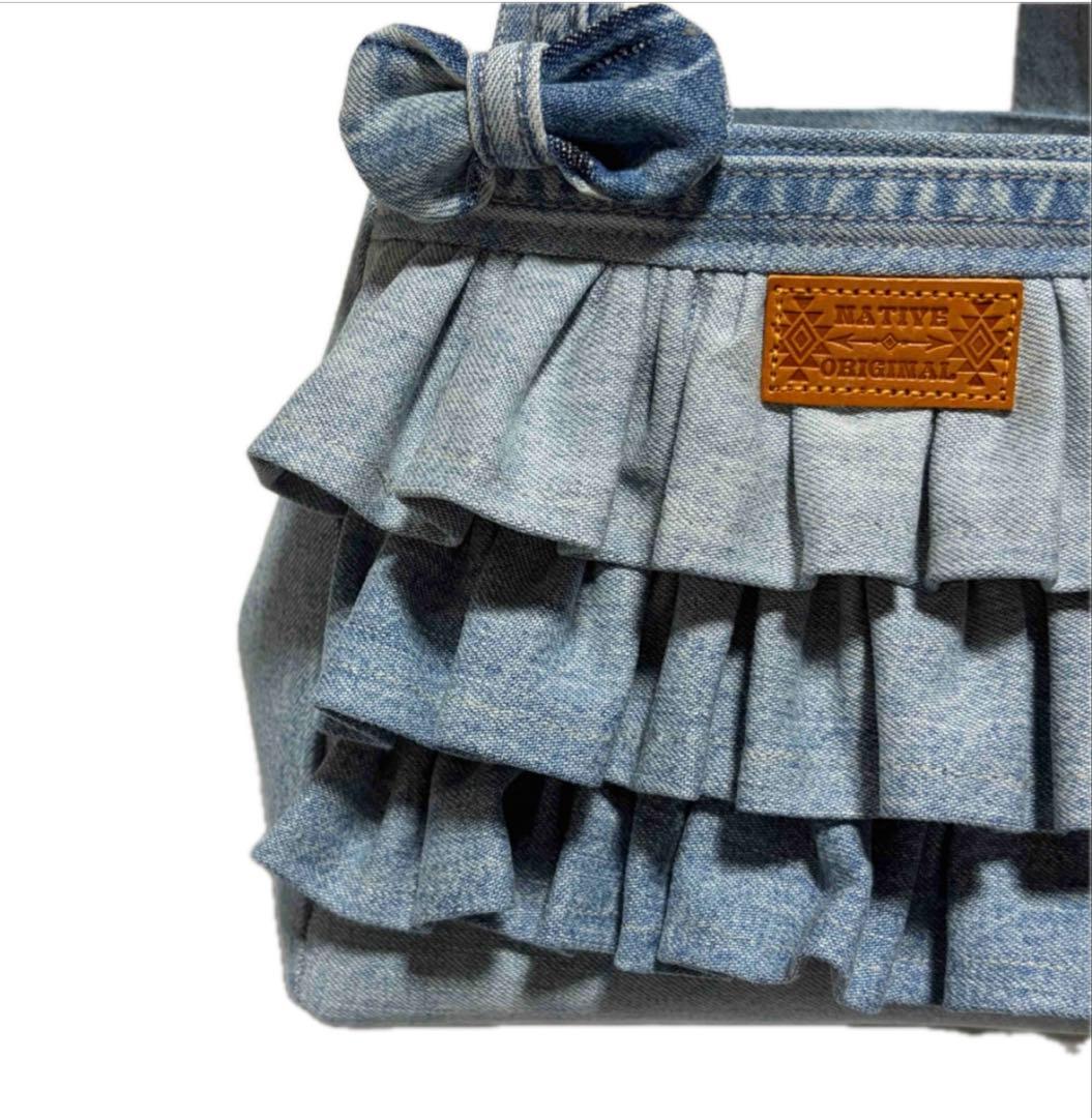 フリル　トートバッグ　ハンドメイド　春トート　デニムリメイク　デニムトート