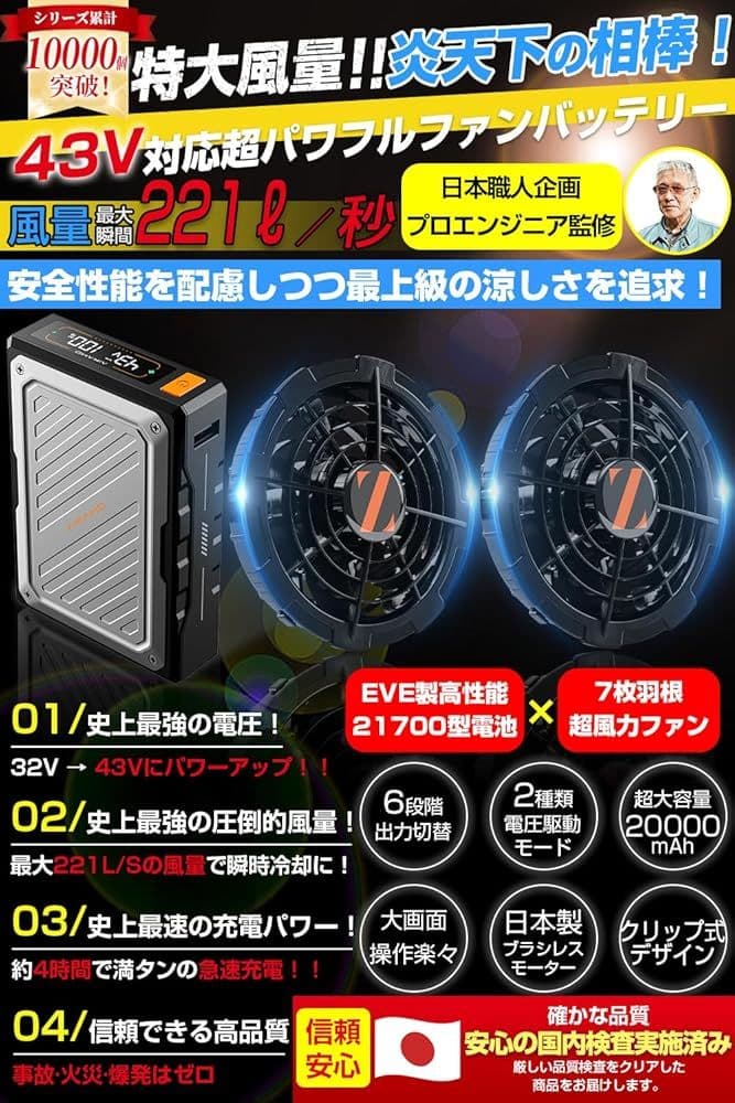 43V 空調服用 ファンバッテリーセット 熱中症対策20000mAh