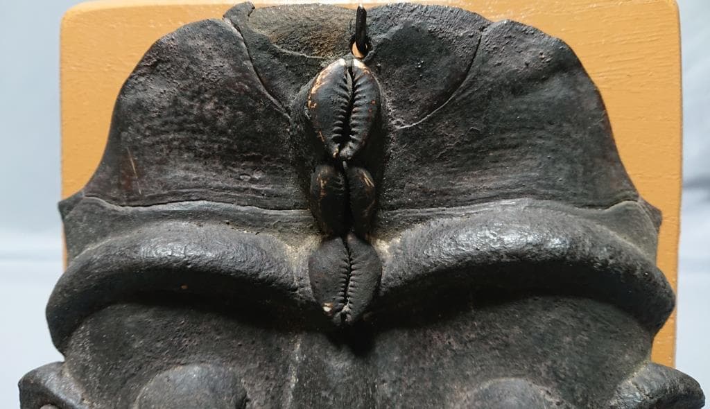 primitive art　カメルーン　亀甲羅装飾　タカラガイ象嵌　バモンマスク
