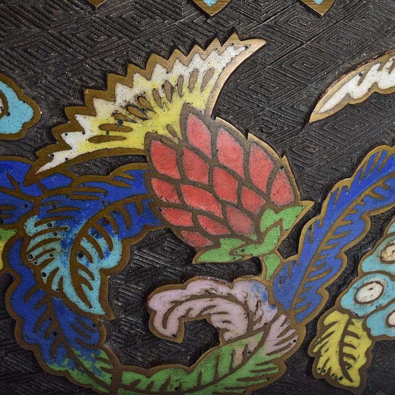 中国　古七宝琺瑯彩　花草文　花瓶　時代箱　M　R9549H