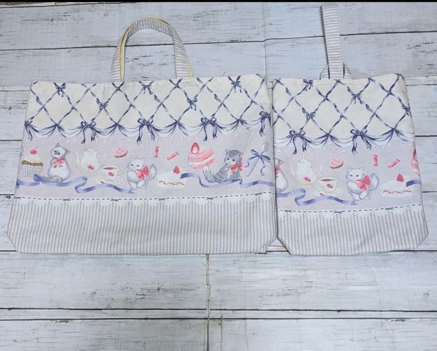 オーダー　濃い水色　メルヘン猫　ねこ　給食袋　体操着袋　レッスンバッグ　靴袋