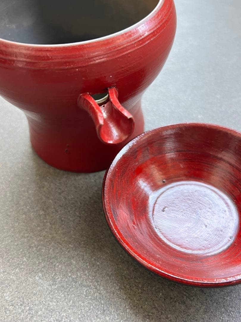 赤い陶器の急須　片口　杯　日本酒　酒器