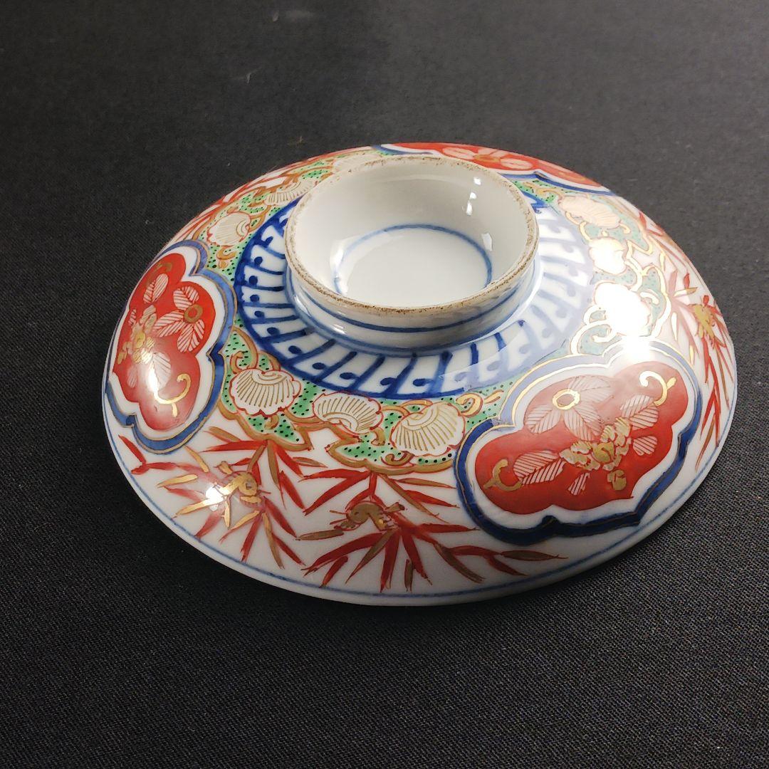Y2795-1 伊万里 染錦 窓絵 蓋茶碗 9客 共箱