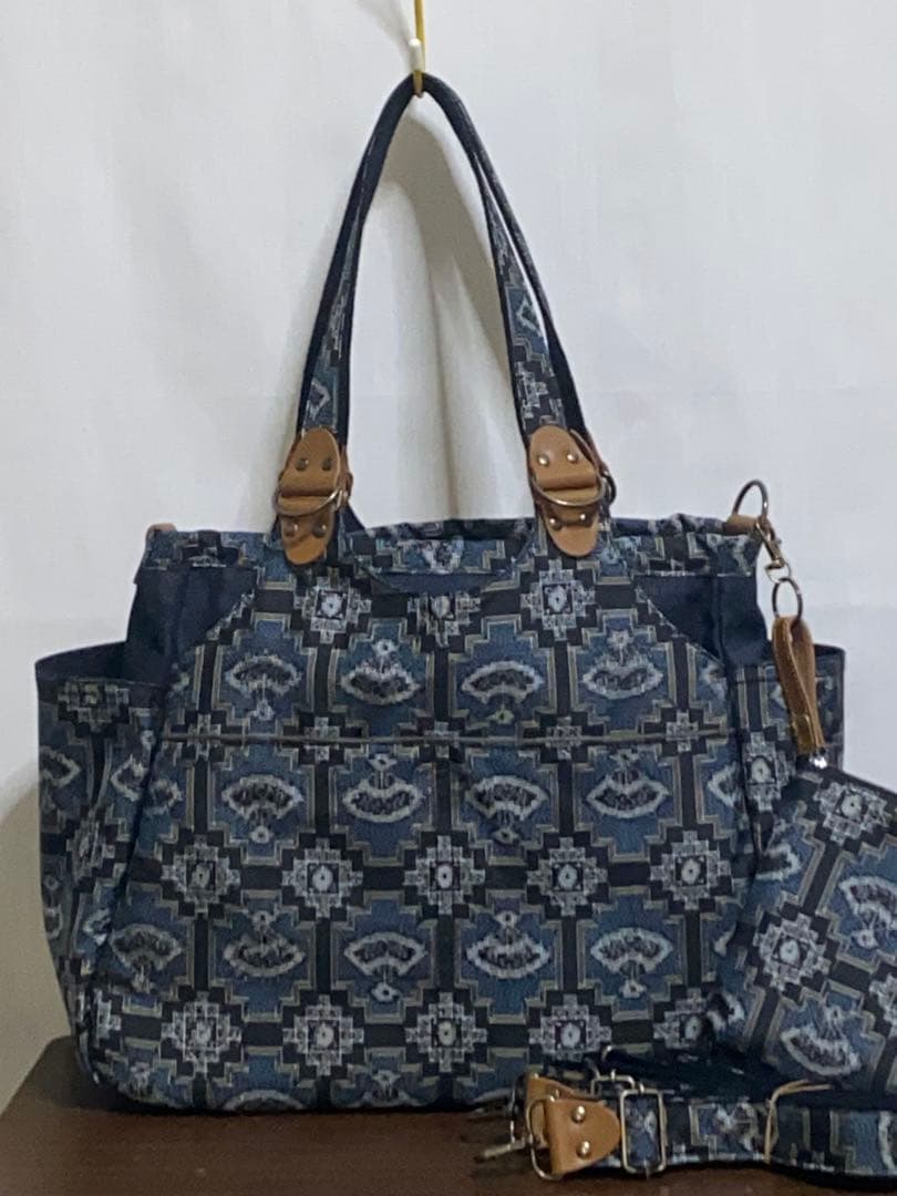 大島紬&岡山デニム☆Mサイズ☆4way♪あおりバッグ☆ポーチ付き