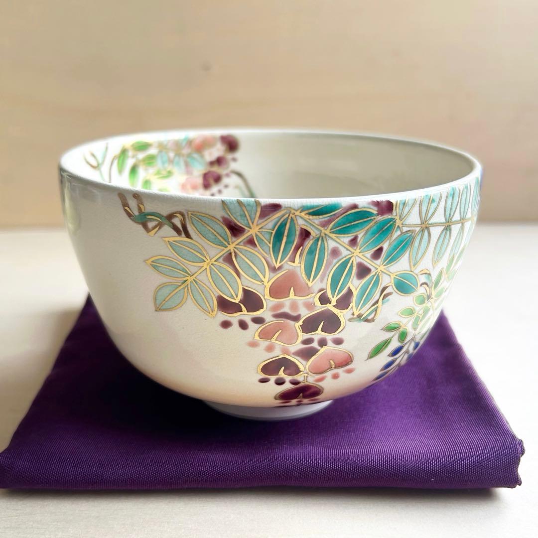 京焼　色絵　藤　抹茶茶碗
