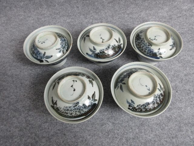 古伊万里染付草花文蓋茶碗5個 [B25747]