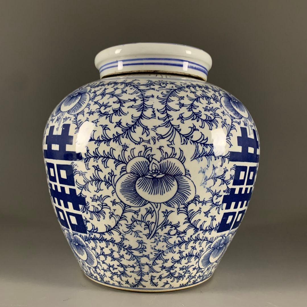 青花喜字缶 茶缶 茶道具 景徳鎮 陶磁器 装飾品 現代工芸品 美術品 置物