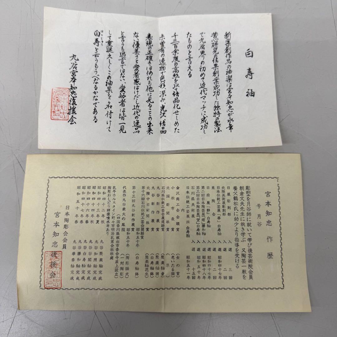 九谷焼　白磁 茶碗 宮本知忠作　乾甌窯　結晶釉（白寿釉）共箱