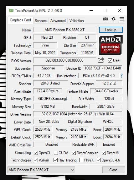 グラフィックボード・グラボ・ビデオカード Sapphire AMD Radeon RX6650XT 8GB Nitro+