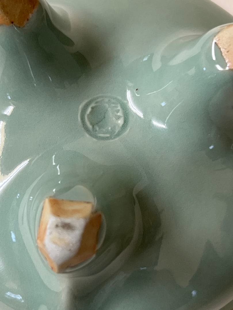 青緑色 陶器 香炉 花模様