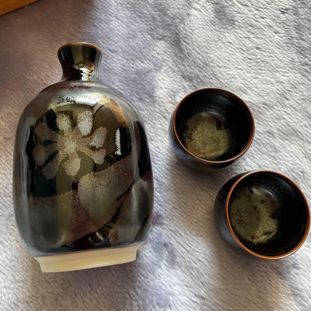 【青木龍山】人間国宝文化勲章受章日本芸術院会員　天目花紋酒器 徳利セット木箱入り