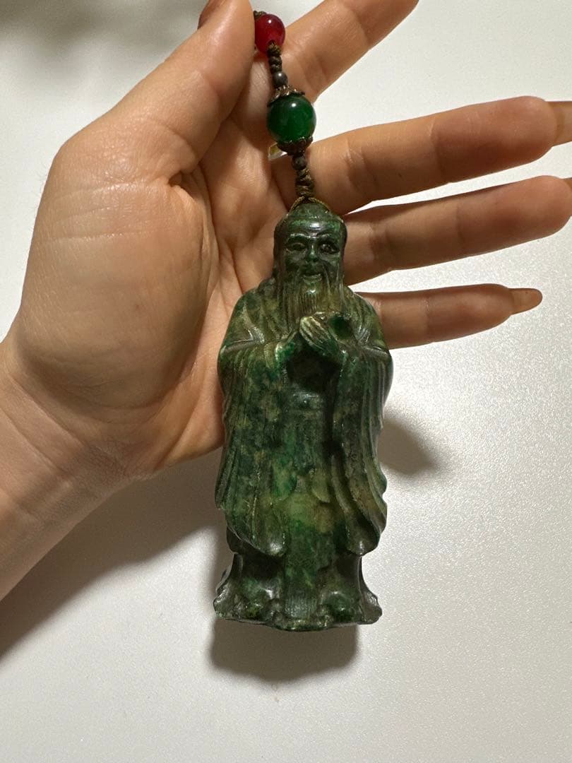 古翡翠 彫刻像 9cm 236gr｜モンゴル翡翠 福神座像 天然石 骨董 美術品