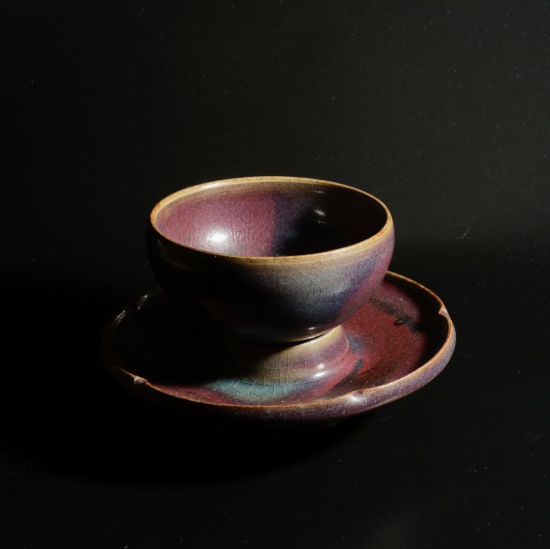 中古 鈞窯風 天藍釉紫紅斑 茶碗・茶托一式 CL0037