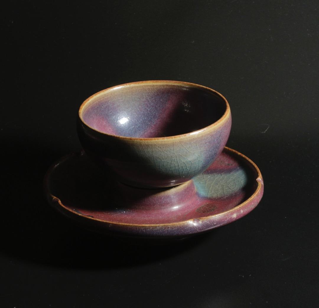 中古 鈞窯風 天藍釉紫紅斑 茶碗・茶托一式 CL0037