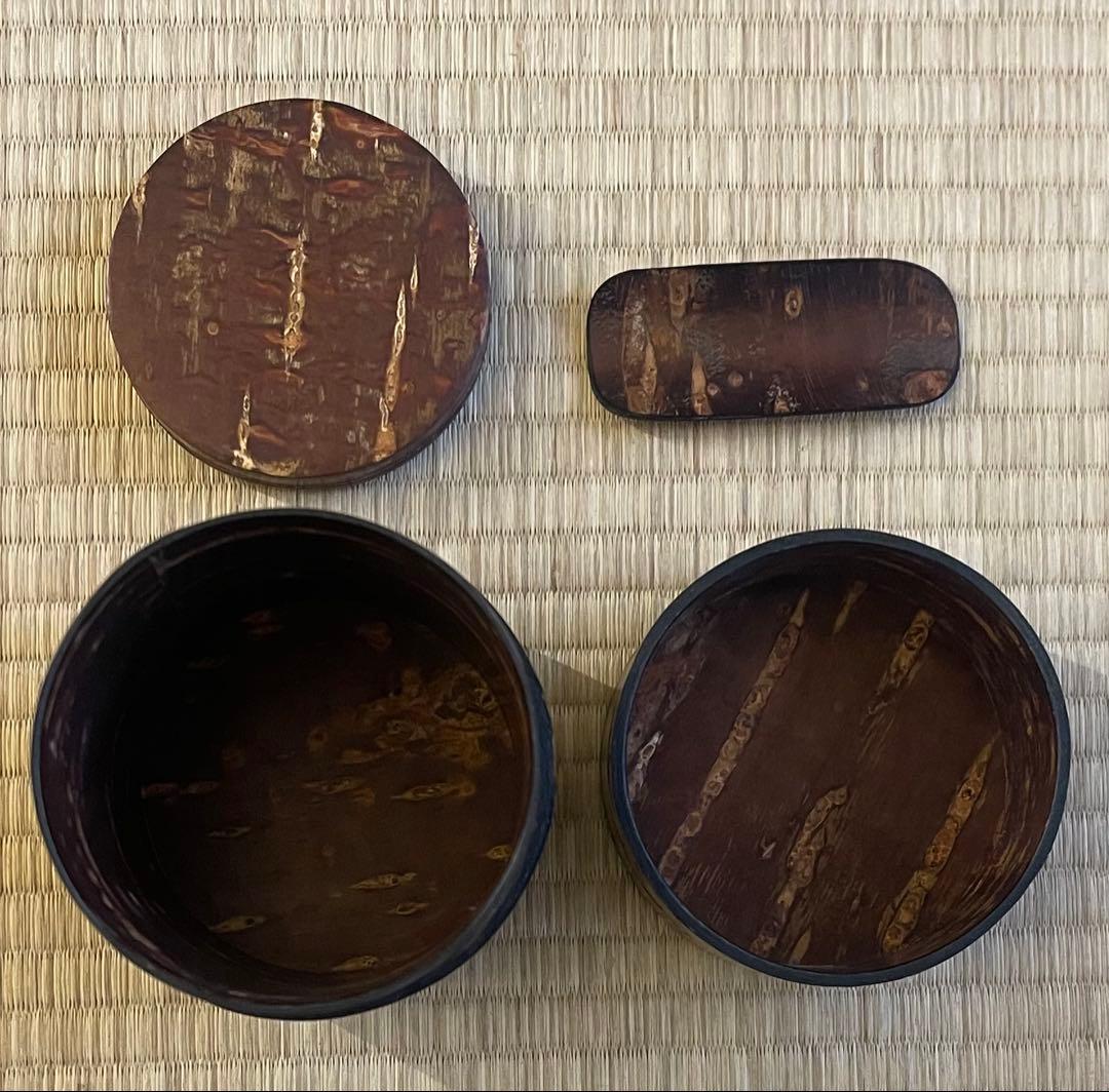 茶道具　中棗 若松蒔絵　蓋置 無元　茶筒 桜革細工