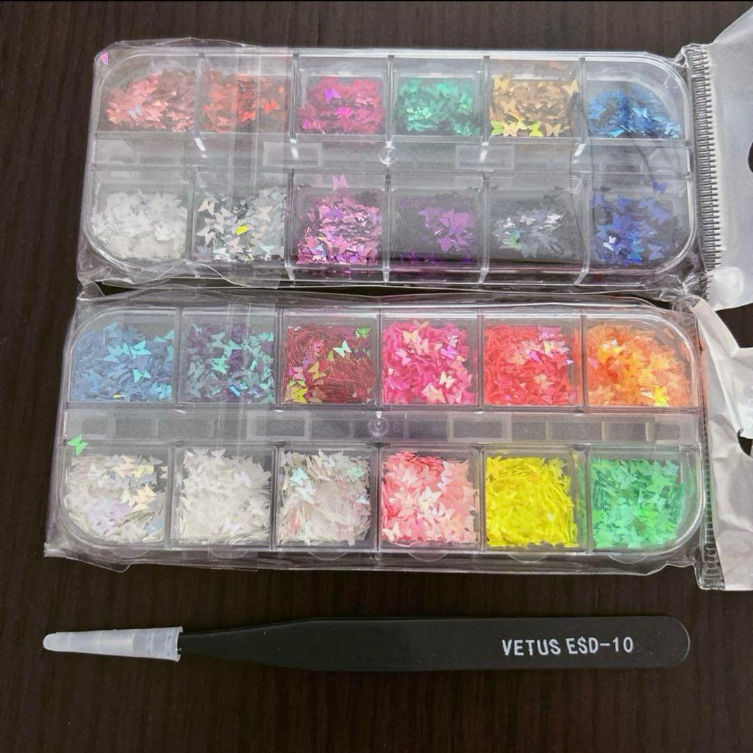 ネイルパーツ　蝶　24色　極薄　ネイルアートキット　ピンセット１本付き