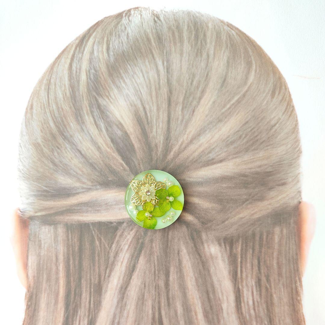 《No.2666❀》ハンドメイド　レジンヘアゴム　グリーン　アナベル　大