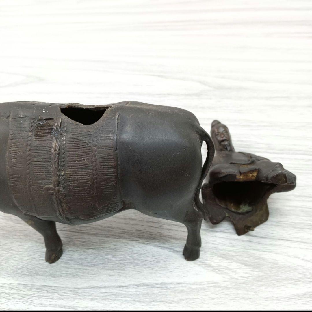 ♢485古銅製 香炉 人物牛紋像 置物 オブジェアンティーク 高さ約17.5cm