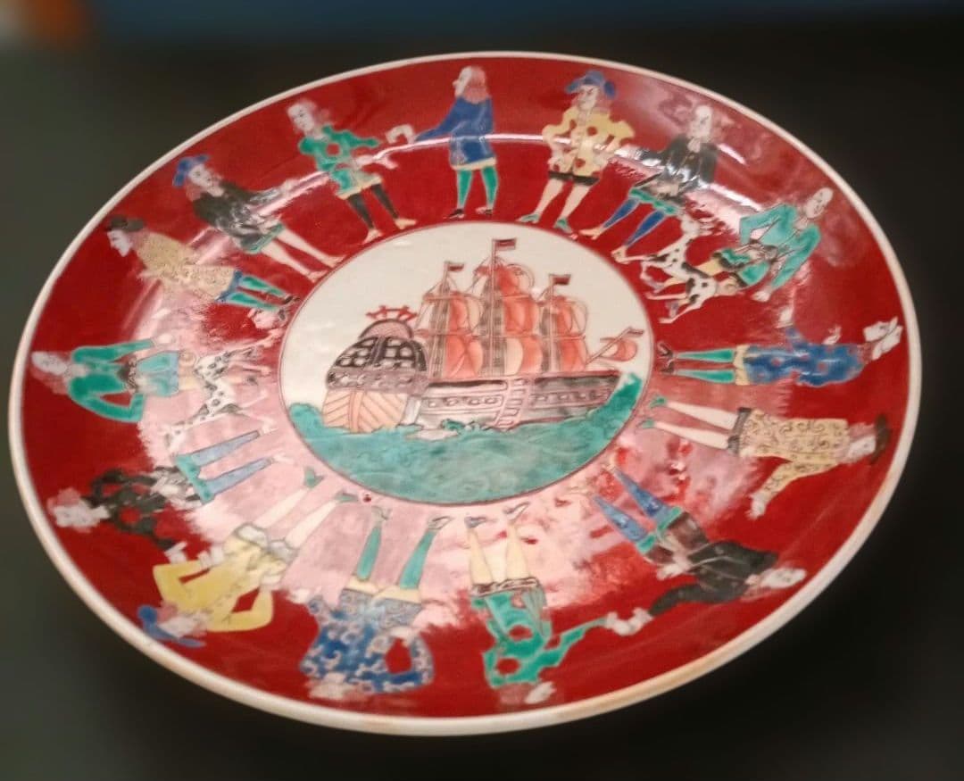 【古伊万里】オランダ人絵図　色絵　帆船図　江戸時代　時代物　大皿