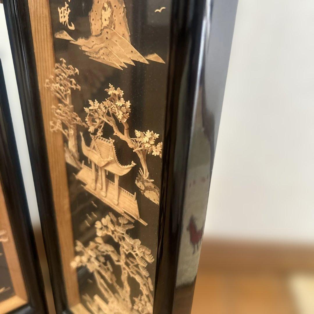 【極美品】コルク工芸 四曲屏風 衝立 龍彫刻 松 帆船 楼閣 中国美術 縁起物