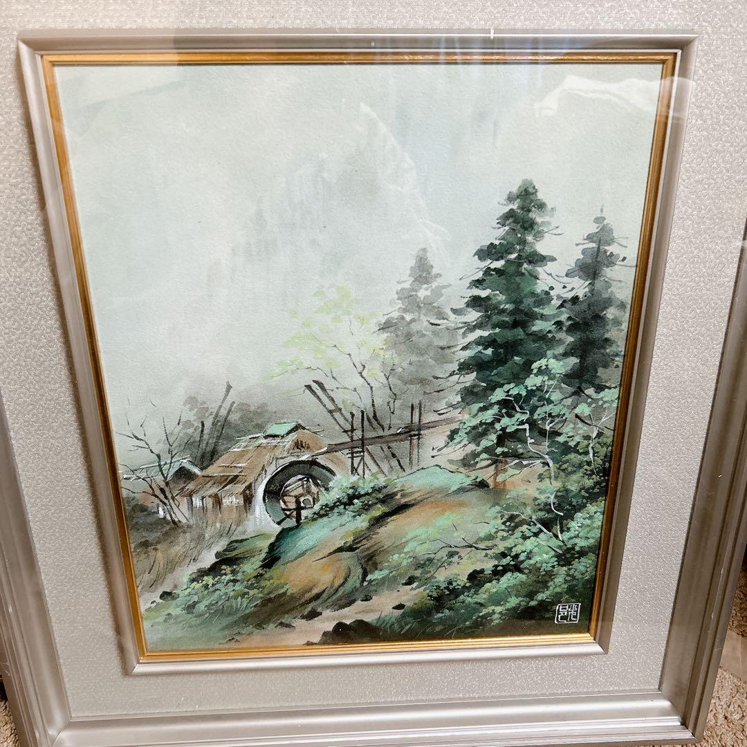 風景画　日本絵画　四季の山水　風車　額縁付き