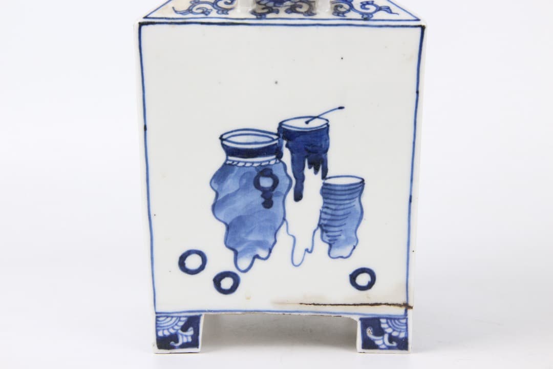 中国 明 萬暦 青花 執壺 文房器 四足 蓋付　新渡水次 箱付 FF01-19