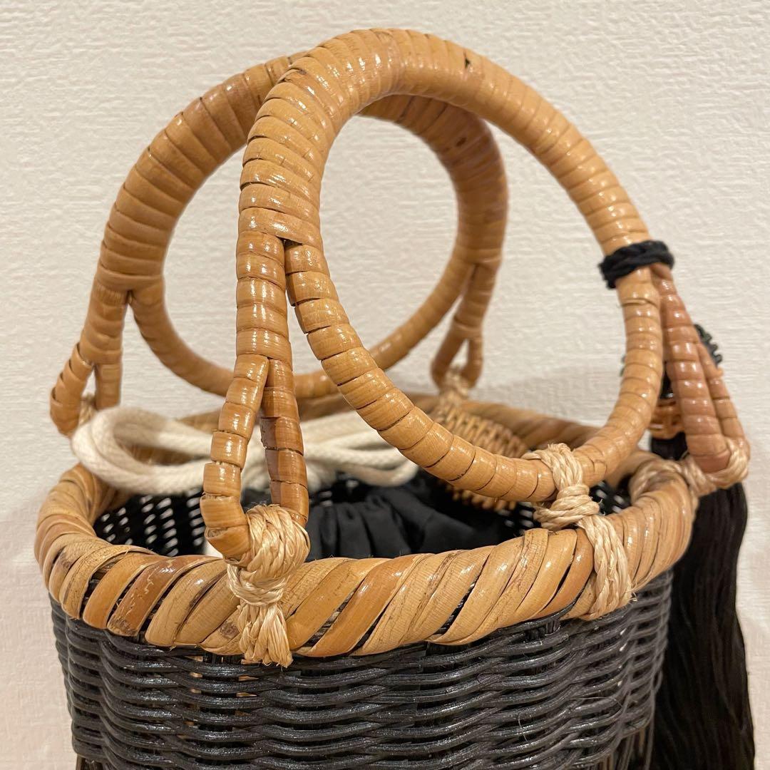 【美品】GALERIE DES BAINSかごバッグ ブラックラタン 巾着付き