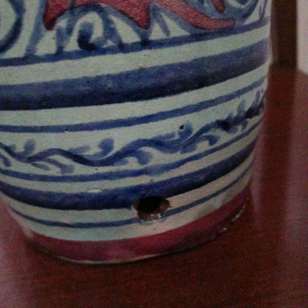 エキゾチック陶器壺 22.5cm 青緑 手描き文様 インテリア オブジェ