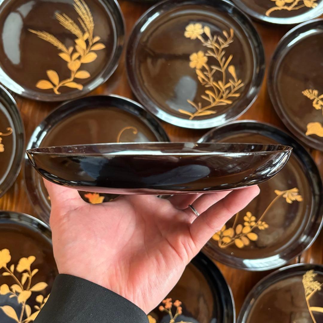全31客図替り 天然木製漆器 黒塗 草花蒔絵 6寸 木皿 菓子盆 木箱付